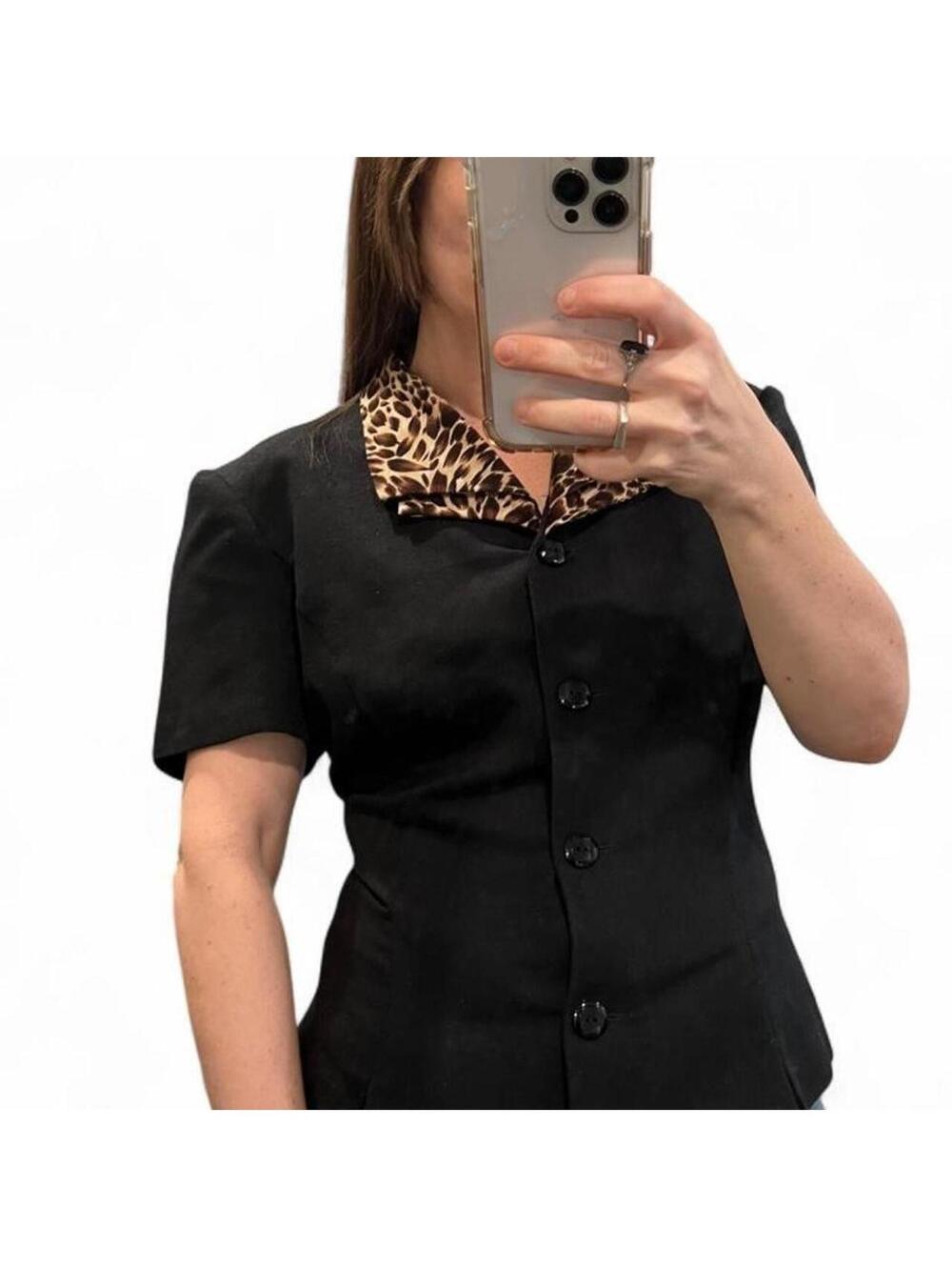 Vintage Leopard Collar Button Front Top Black Fitted Blouse